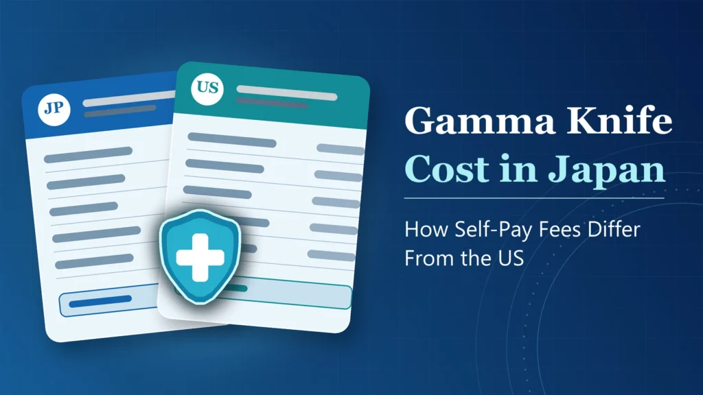 Abstract illustration of Japan and US medical bill documents with a medical insurance shield, titled Gamma Knife Cost in Japan