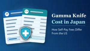 Abstract illustration of Japan and US medical bill documents with a medical insurance shield, titled Gamma Knife Cost in Japan
