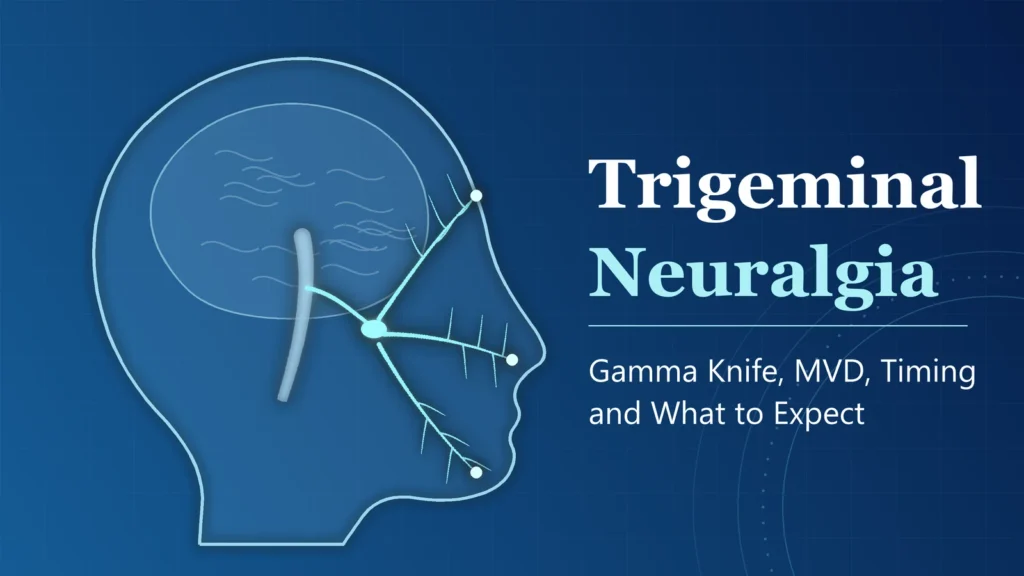 Abstract illustration of trigeminal nerve branches on a head profile, with the title Trigeminal Neuralgia
